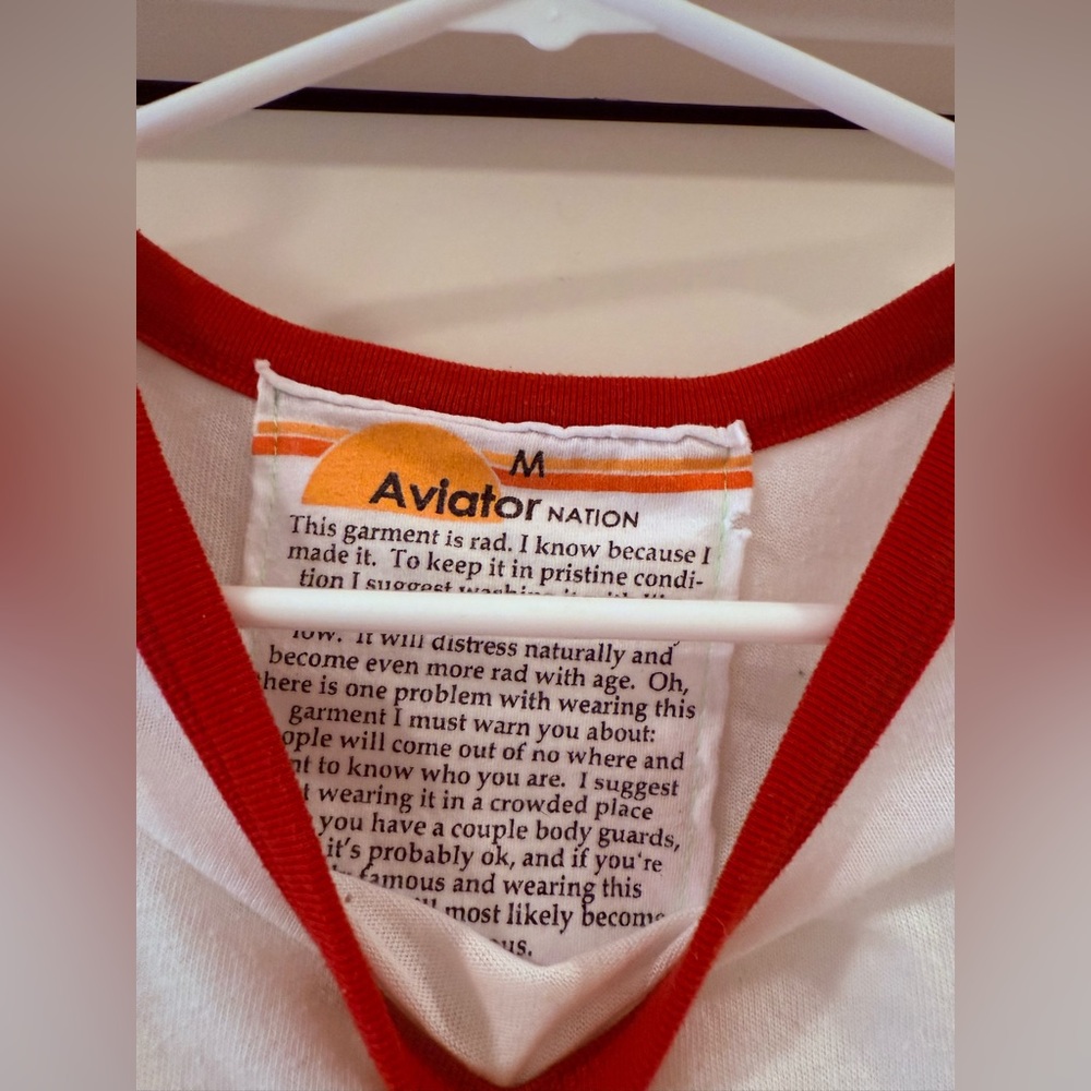 Aviator Nation White Tee with Red Trim & Yellow Smiley Patch - Picture 5 of 5